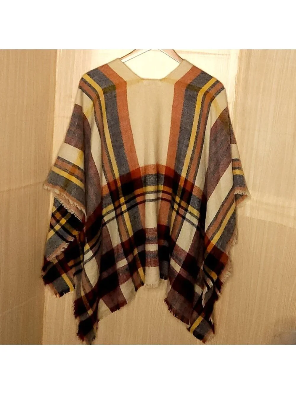 Francesca's Womens Tan Red Plaid Poncho Style Wrap OS